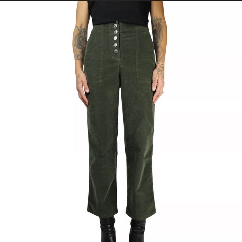 HOUSE OF HARLOW Women's Olive Green High Rise Corduroy Straight Leg Pants